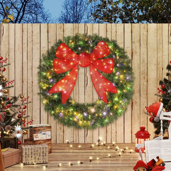 HOMCOM 48in Pre-Lit Christmas Wreath with 3D Red Bow, 11 Lighting Modes, Front Door Christmas Wreath with Remote - product image 9