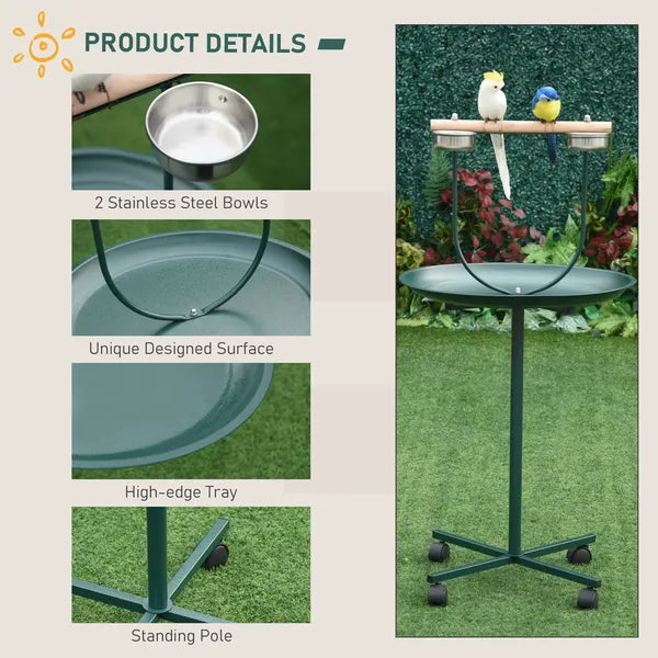 PawHut 48 Inch Bird Play Stand with Wheels Perch and Stainless Steel Bowls Green - product image 5