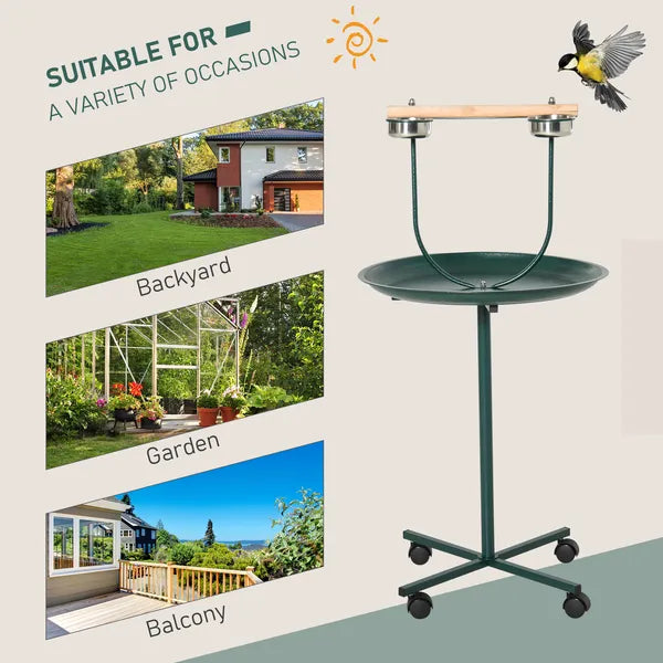 PawHut 48 Inch Bird Play Stand with Wheels Perch and Stainless Steel Bowls Green - product image 4