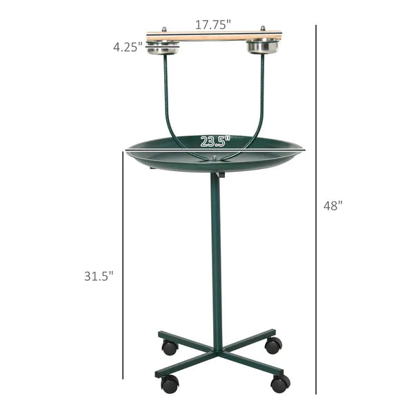 PawHut 48 Inch Bird Play Stand with Wheels Perch and Stainless Steel Bowls Green - product image 3