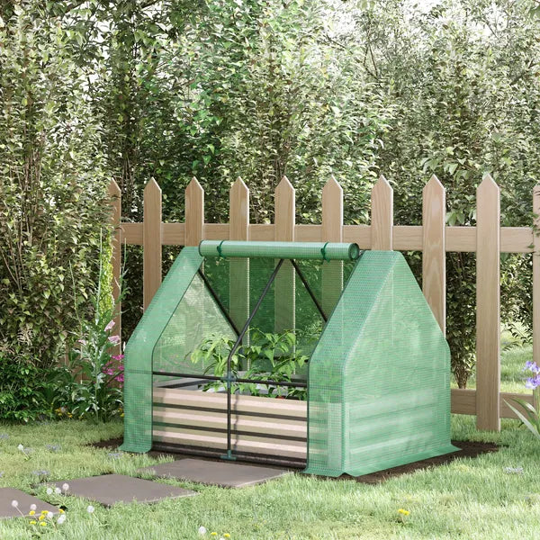 Outsunny 4'x3' Galvanized Raised Garden Bed with PE Greenhouse Cover, Metal Planter Box with Roll-Up Door for Flowers, Vegetables, Green - product image 2