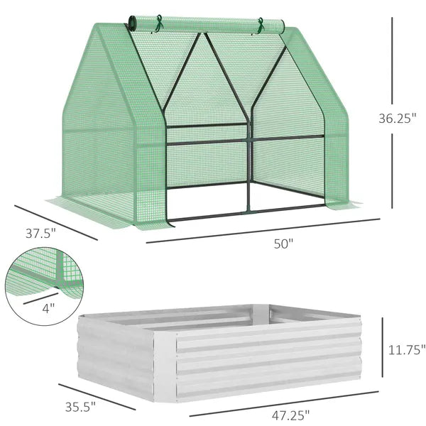 Outsunny 4'x3' Galvanized Raised Garden Bed with PE Greenhouse Cover, Metal Planter Box with Roll-Up Door for Flowers, Vegetables, Green - product image 3