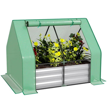 Outsunny 4'x3' Galvanized Raised Garden Bed with PE Greenhouse Cover, Metal Planter Box with Roll-Up Door for Flowers, Vegetables, Green - product image 1