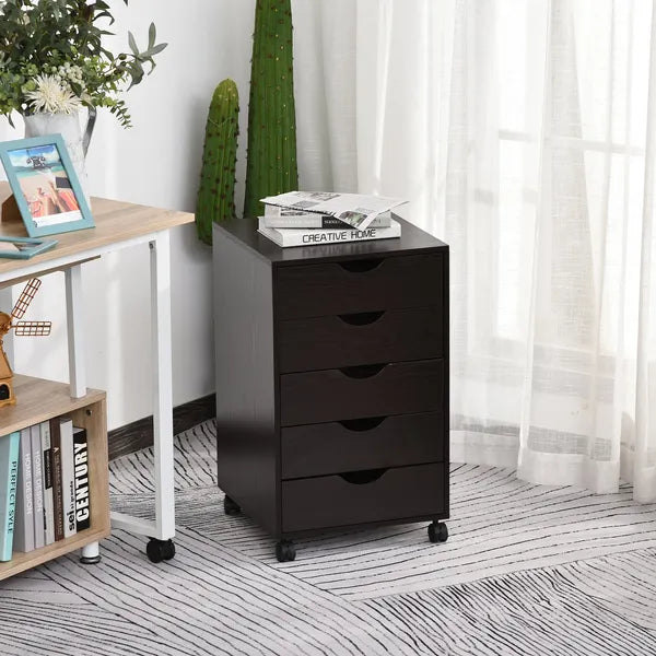 HOMCOM 5 Drawer File Cabinet Storage Organizer Filing Cabinet with Nordic Minimalist Modern Style and Wheels, Brown - product image 2