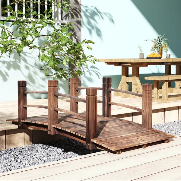 Outsunny 5 Ft Fir Wood Garden Bridge with Side Railings, Arc Walkway for Backyards, Gardens and Streams, Stained Wood - product image 10