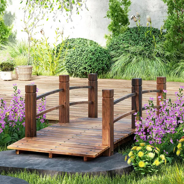 Outsunny 5 Ft Fir Wood Garden Bridge with Side Railings, Arc Walkway for Backyards, Gardens and Streams, Stained Wood - product image 2
