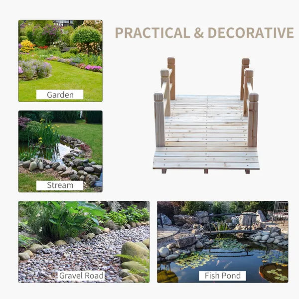 Outsunny 5 Ft Wooden Garden Bridge Arc Footbridge with Railings for your Backyard, Natural Wood - product image 5