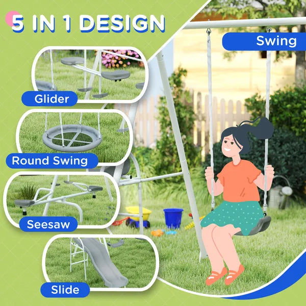 5 in 1 Kids Swing Set for Backyard with Heavy-Duty A-Frame Stand, Saucer Swing, Slide, Seesaw, Glider, Swing Seat, Gray - product image 4