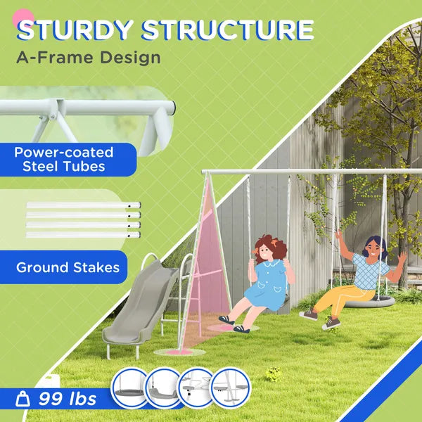 5 in 1 Kids Swing Set for Backyard with Heavy-Duty A-Frame Stand, Saucer Swing, Slide, Seesaw, Glider, Swing Seat, Gray - product image 5