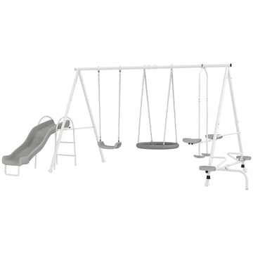 5 in 1 Kids Swing Set for Backyard with Heavy-Duty A-Frame Stand, Saucer Swing, Slide, Seesaw, Glider, Swing Seat, Gray - product image 1