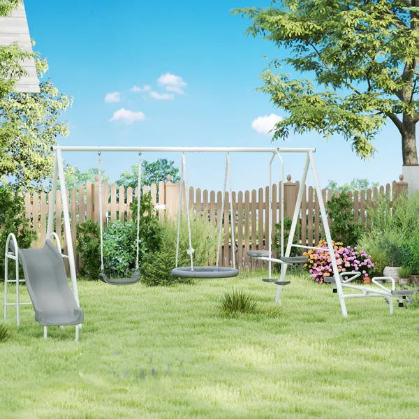 5 in 1 Kids Swing Set for Backyard with Heavy-Duty A-Frame Stand, Saucer Swing, Slide, Seesaw, Glider, Swing Seat, Gray - product image 10