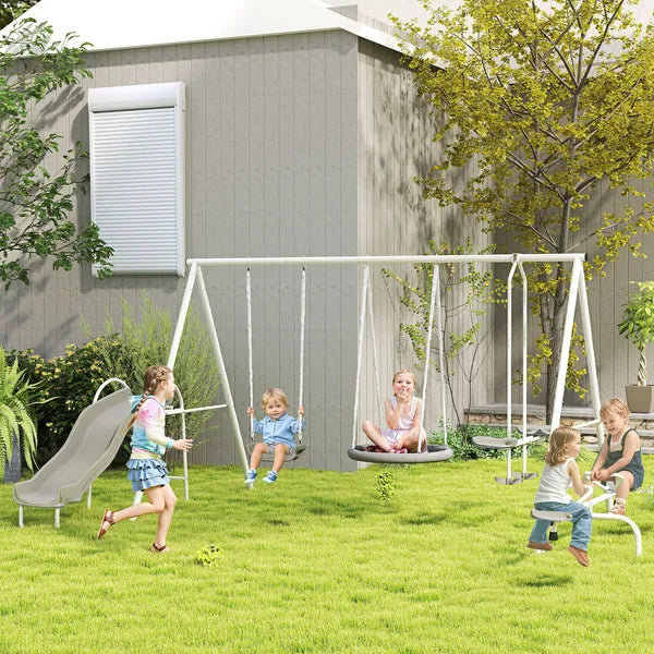 5 in 1 Kids Swing Set for Backyard with Heavy-Duty A-Frame Stand, Saucer Swing, Slide, Seesaw, Glider, Swing Seat, Gray - product image 2