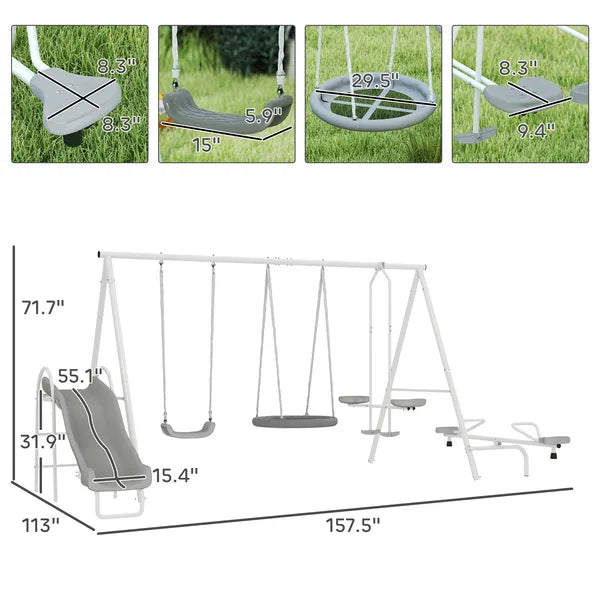 5 in 1 Kids Swing Set for Backyard with Heavy-Duty A-Frame Stand, Saucer Swing, Slide, Seesaw, Glider, Swing Seat, Gray - product image 3