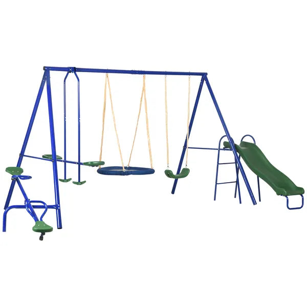 5-in-1 Swing Set With Glider, Heavy Frame Outdoor Playset for Kids, with Saucer Swing, Slide, Seesaw, Glider, Swing Seat, Blue - product image 1