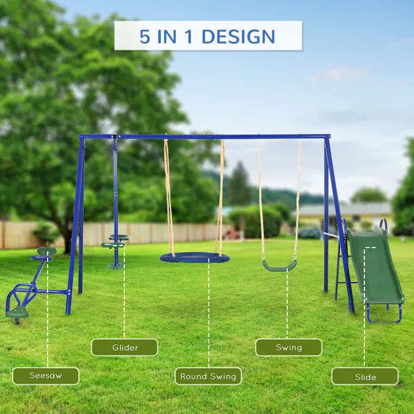 5-in-1 Swing Set With Glider, Heavy Frame Outdoor Playset for Kids, with Saucer Swing, Slide, Seesaw, Glider, Swing Seat, Blue - product image 4