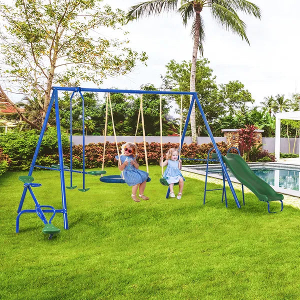5-in-1 Swing Set With Glider, Heavy Frame Outdoor Playset for Kids, with Saucer Swing, Slide, Seesaw, Glider, Swing Seat, Blue - product image 2