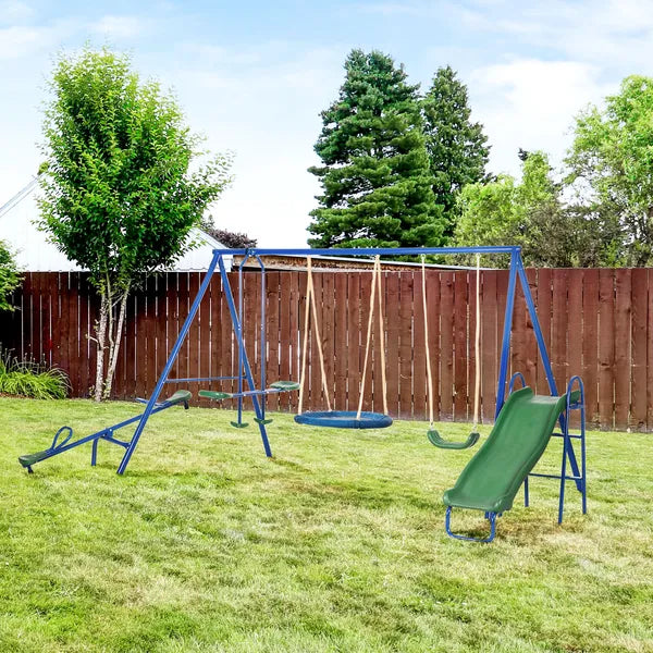 5-in-1 Swing Set With Glider, Heavy Frame Outdoor Playset for Kids, with Saucer Swing, Slide, Seesaw, Glider, Swing Seat, Blue - product image 10