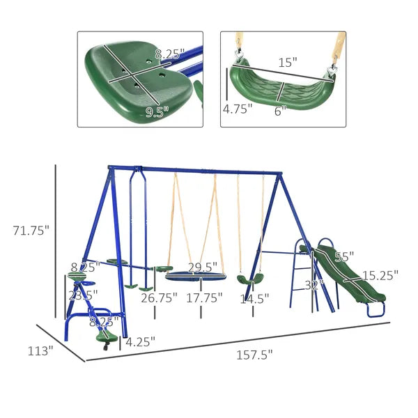 5-in-1 Swing Set With Glider, Heavy Frame Outdoor Playset for Kids, with Saucer Swing, Slide, Seesaw, Glider, Swing Seat, Blue - product image 3