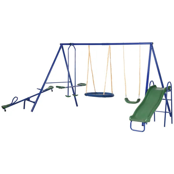 5-in-1 Swing Set With Glider, Heavy Frame Outdoor Playset for Kids, with Saucer Swing, Slide, Seesaw, Glider, Swing Seat, Blue - product image 11
