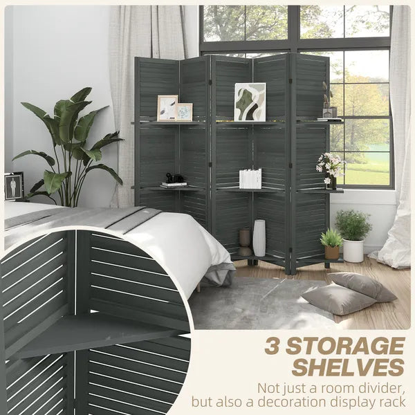 5 Panel 67" Tall Wood Privacy Screen Room Divider with 3 Shelves and Folding Storage for Bedroom, Gray - product image 4