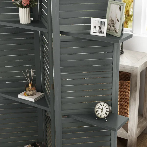 5 Panel 67" Tall Wood Privacy Screen Room Divider with 3 Shelves and Folding Storage for Bedroom, Gray - product image 9