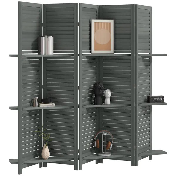 5 Panel 67" Tall Wood Privacy Screen Room Divider with 3 Shelves and Folding Storage for Bedroom, Gray - product image 11