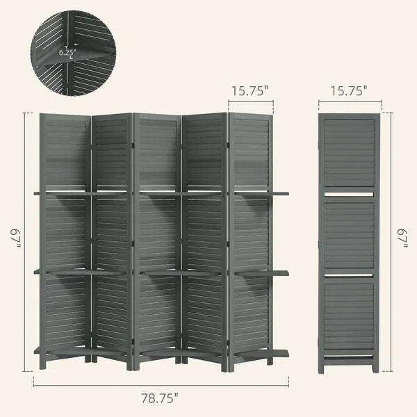 5 Panel 67" Tall Wood Privacy Screen Room Divider with 3 Shelves and Folding Storage for Bedroom, Gray - product image 3