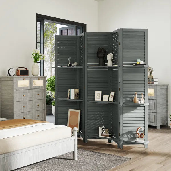 5 Panel 67" Tall Wood Privacy Screen Room Divider with 3 Shelves and Folding Storage for Bedroom, Gray - product image 10