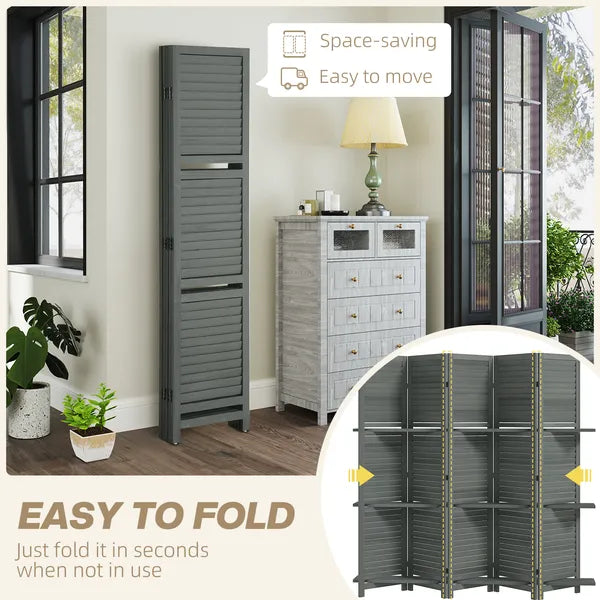 5 Panel 67" Tall Wood Privacy Screen Room Divider with 3 Shelves and Folding Storage for Bedroom, Gray - product image 5