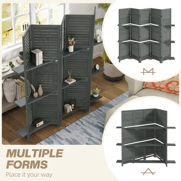 5 Panel 67" Tall Wood Privacy Screen Room Divider with 3 Shelves and Folding Storage for Bedroom, Gray - product image 7