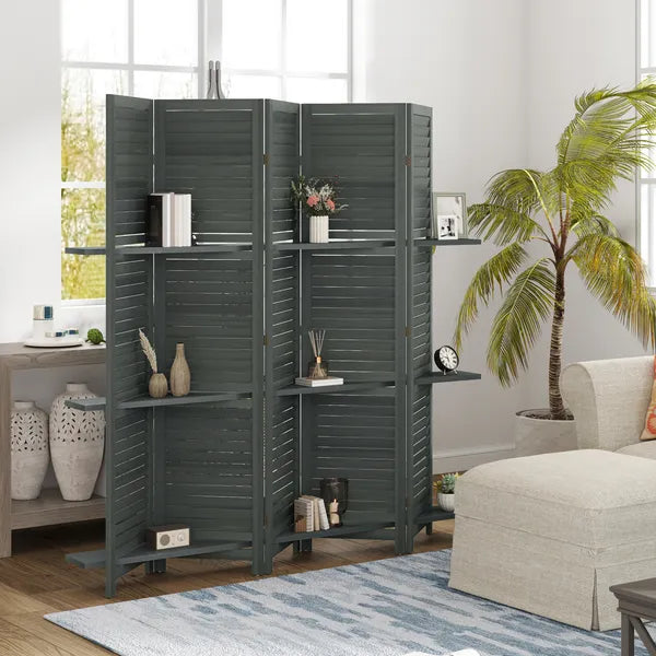 5 Panel 67" Tall Wood Privacy Screen Room Divider with 3 Shelves and Folding Storage for Bedroom, Gray - product image 2