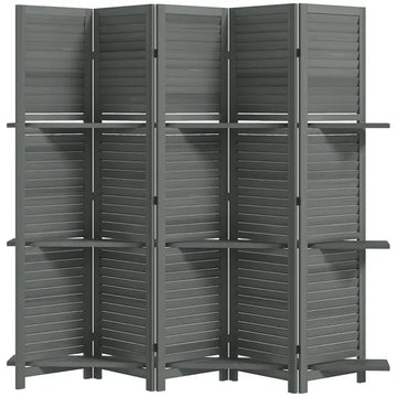 5 Panel 67" Tall Wood Privacy Screen Room Divider with 3 Shelves and Folding Storage for Bedroom, Gray - product image 1