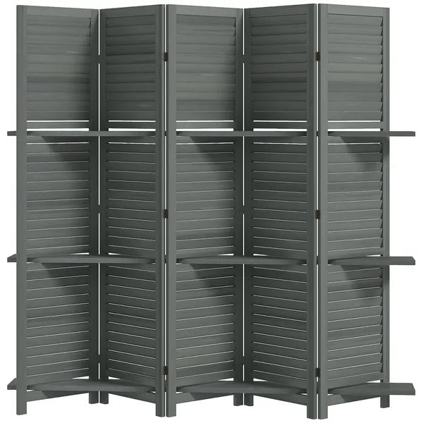 5 Panel 67" Tall Wood Privacy Screen Room Divider with 3 Shelves and Folding Storage for Bedroom, Gray - product image 1