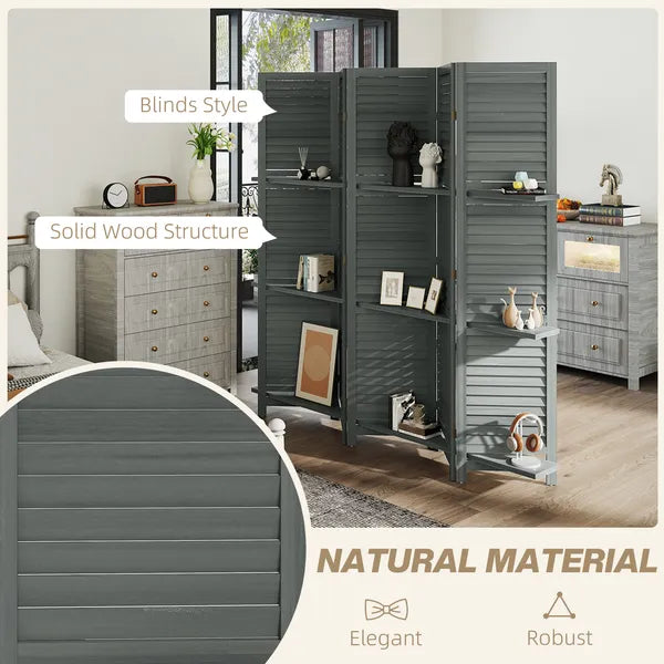 5 Panel 67" Tall Wood Privacy Screen Room Divider with 3 Shelves and Folding Storage for Bedroom, Gray - product image 6