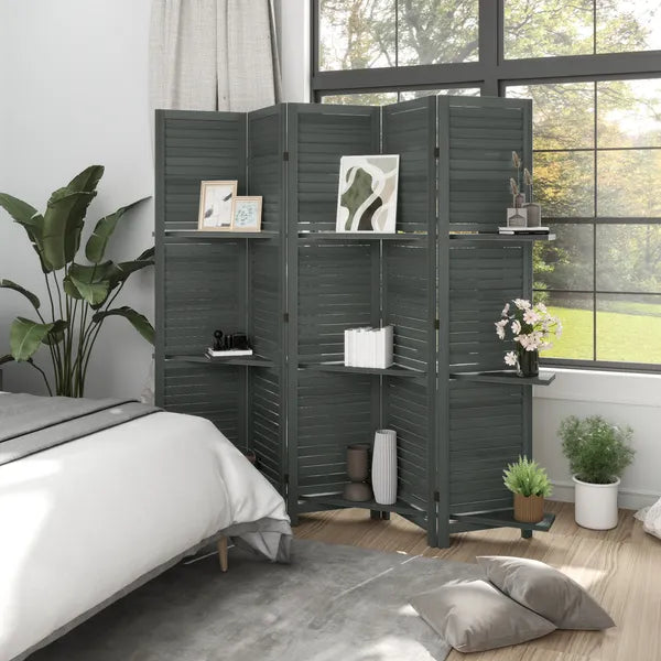 5 Panel 67" Tall Wood Privacy Screen Room Divider with 3 Shelves and Folding Storage for Bedroom, Gray - product image 8