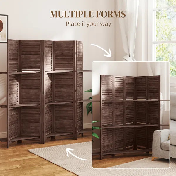 HOMCOM 5 Panel 67" Tall Wood Privacy Screen Room Divider with 3 Shelves and Folding Storage for Bedroom, Walnut - product image 7