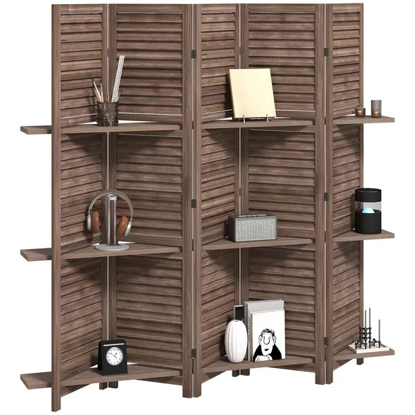 HOMCOM 5 Panel 67" Tall Wood Privacy Screen Room Divider with 3 Shelves and Folding Storage for Bedroom, Walnut - product image 1