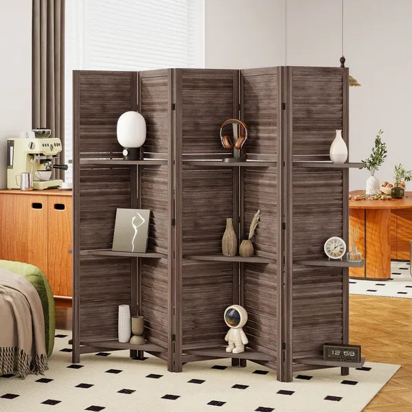 HOMCOM 5 Panel 67" Tall Wood Privacy Screen Room Divider with 3 Shelves and Folding Storage for Bedroom, Walnut - product image 10