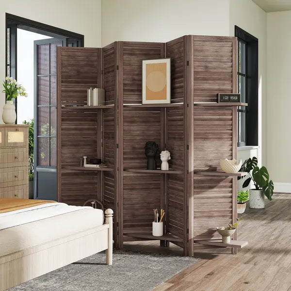 HOMCOM 5 Panel 67" Tall Wood Privacy Screen Room Divider with 3 Shelves and Folding Storage for Bedroom, Walnut - product image 8