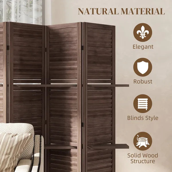HOMCOM 5 Panel 67" Tall Wood Privacy Screen Room Divider with 3 Shelves and Folding Storage for Bedroom, Walnut - product image 6