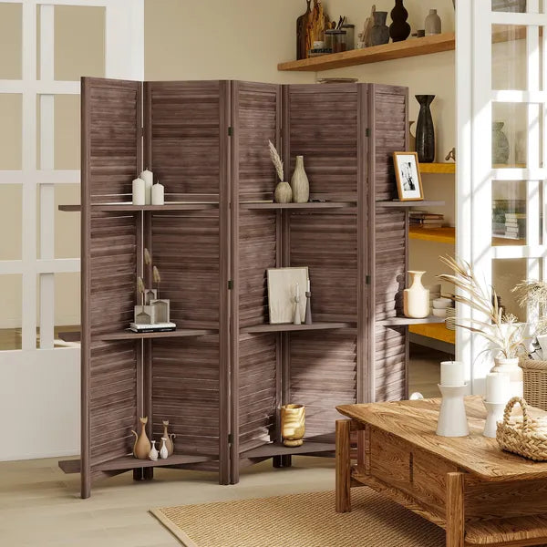 HOMCOM 5 Panel 67" Tall Wood Privacy Screen Room Divider with 3 Shelves and Folding Storage for Bedroom, Walnut - product image 2