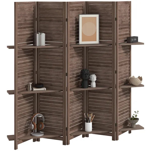 HOMCOM 5 Panel 67" Tall Wood Privacy Screen Room Divider with 3 Shelves and Folding Storage for Bedroom, Walnut - product image 11