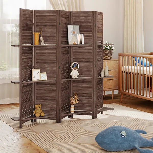 HOMCOM 5 Panel 67" Tall Wood Privacy Screen Room Divider with 3 Shelves and Folding Storage for Bedroom, Walnut - product image 9