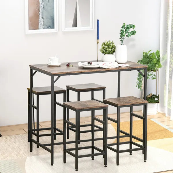 5-Piece Dining Table Set, Industrial Bar Table and 4 Stools, Space-Saving, Rustic Brown/Black for Pub and Kitchen - product image 2