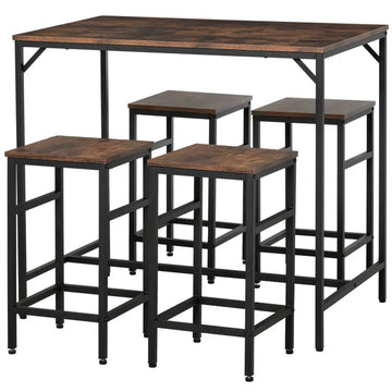 5-Piece Dining Table Set, Industrial Bar Table and 4 Stools, Space-Saving, Rustic Brown/Black for Pub and Kitchen - product image 1