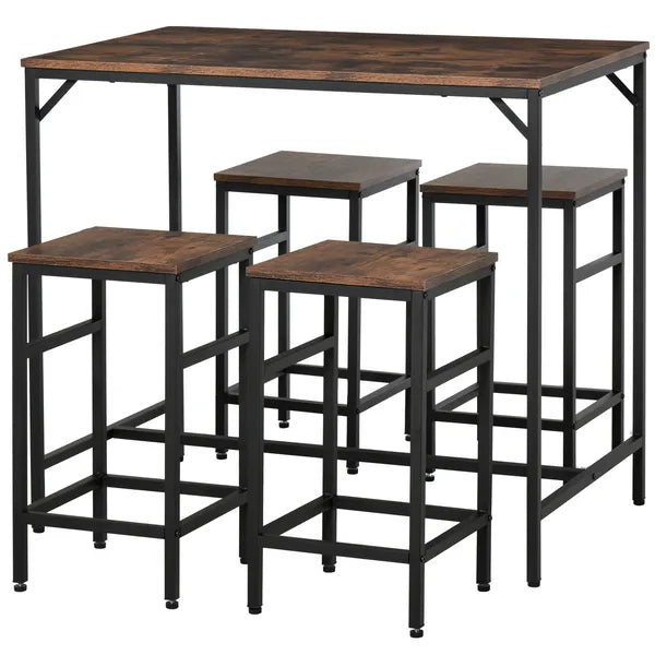 5-Piece Dining Table Set, Industrial Bar Table and 4 Stools, Space-Saving, Rustic Brown/Black for Pub and Kitchen - product image 17