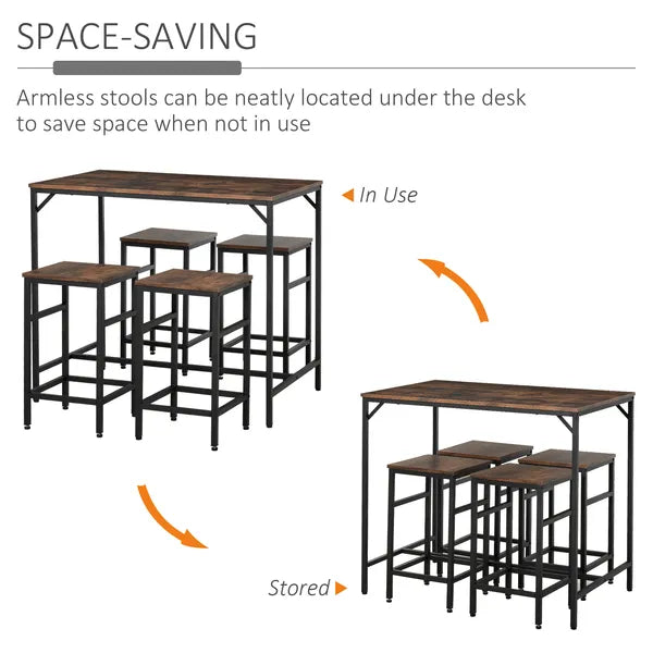 5-Piece Dining Table Set, Industrial Bar Table and 4 Stools, Space-Saving, Rustic Brown/Black for Pub and Kitchen - product image 4
