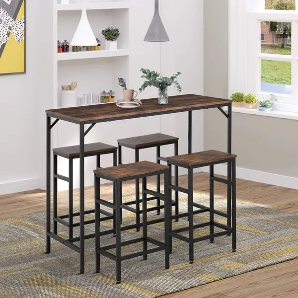 5-Piece Dining Table Set, Industrial Bar Table and 4 Stools, Space-Saving, Rustic Brown/Black for Pub and Kitchen - product image 8