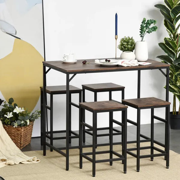 5-Piece Dining Table Set, Industrial Bar Table and 4 Stools, Space-Saving, Rustic Brown/Black for Pub and Kitchen - product image 10