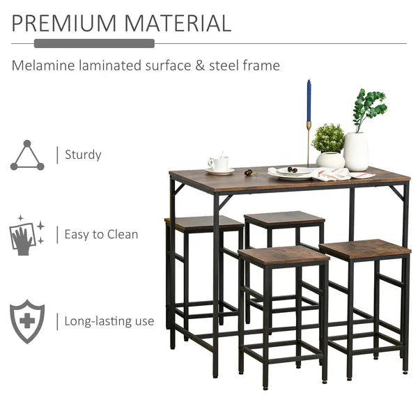 5-Piece Dining Table Set, Industrial Bar Table and 4 Stools, Space-Saving, Rustic Brown/Black for Pub and Kitchen - product image 7